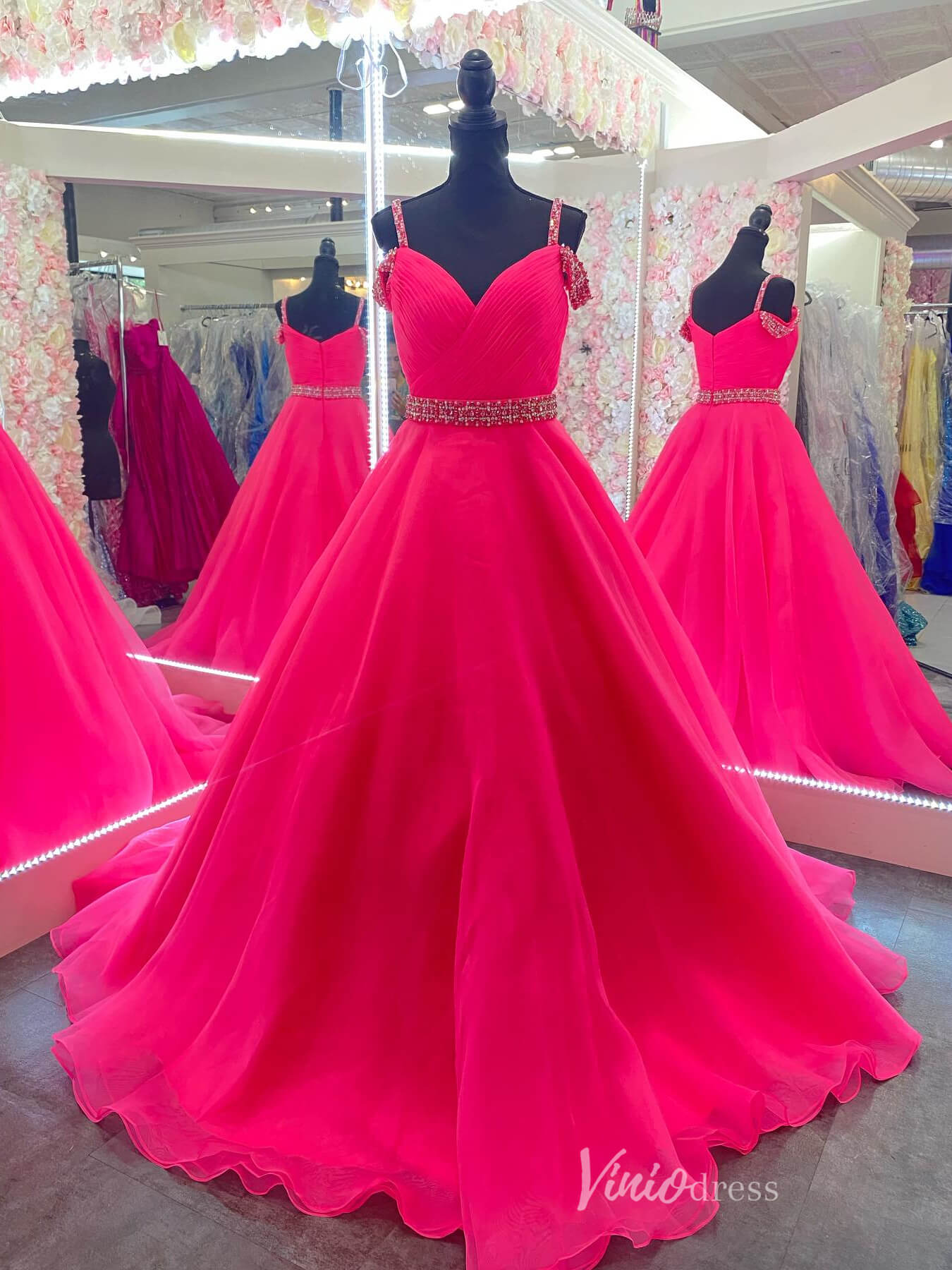 Hot Pink Organza Off the Shoulder Prom Dresses Pleated Bodice Beaded Belt FD4076 - Viniodressprom dressesHot PinkCustom Size - Formal Dresses - Ball Gowns