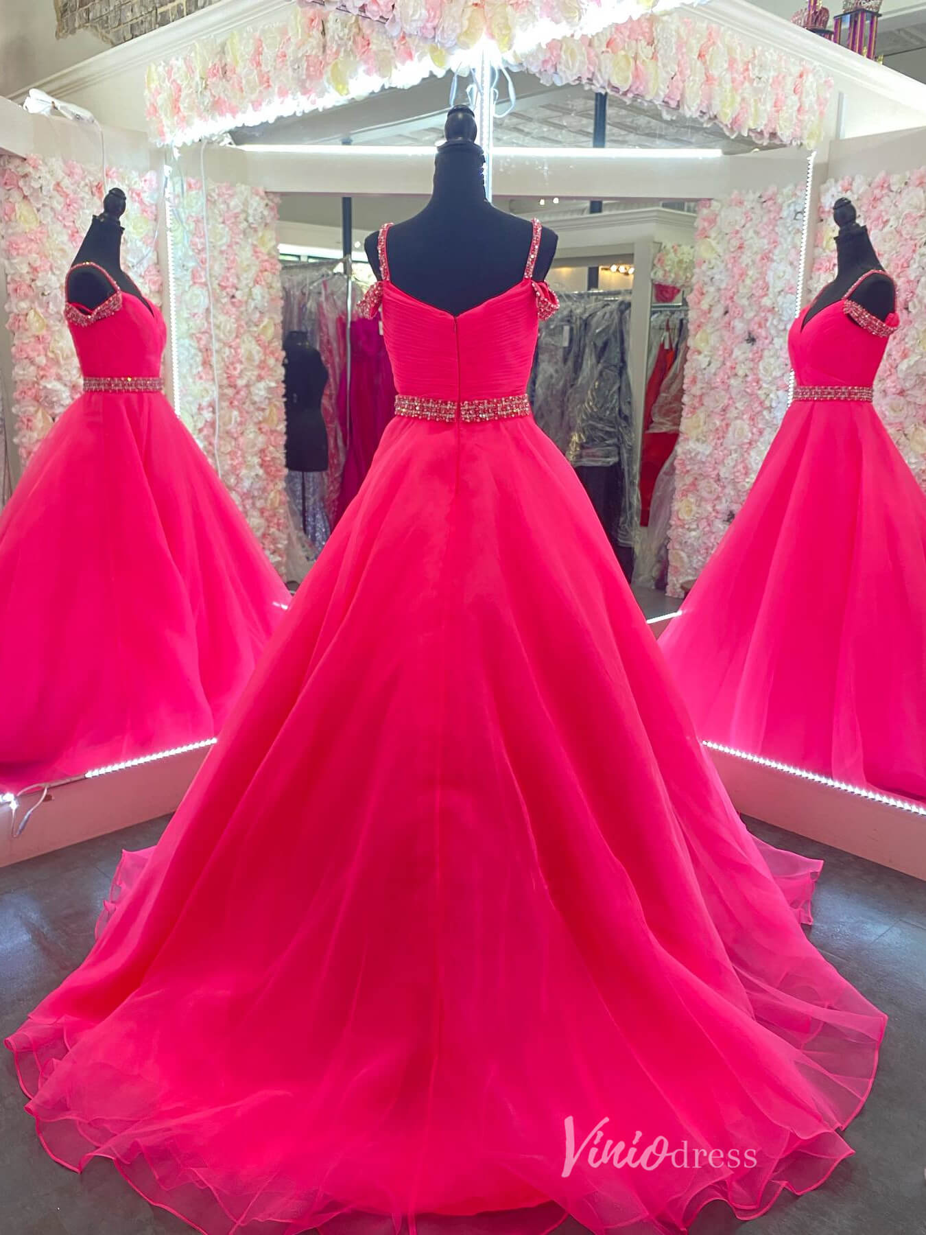 Hot Pink Organza Off the Shoulder Prom Dresses Pleated Bodice Beaded Belt FD4076 - Viniodressprom dressesHot PinkCustom Size - Formal Dresses - Ball Gowns