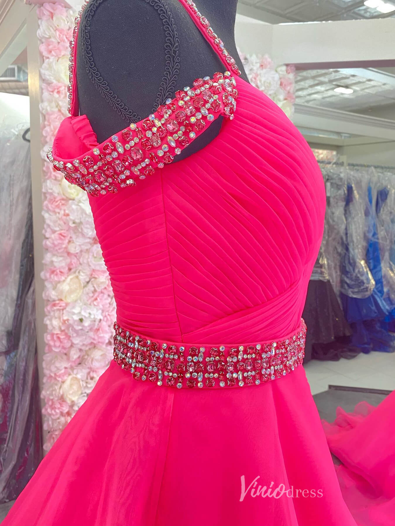 Hot Pink Organza Off the Shoulder Prom Dresses Pleated Bodice Beaded Belt FD4076 - Viniodressprom dressesHot PinkCustom Size - Formal Dresses - Ball Gowns