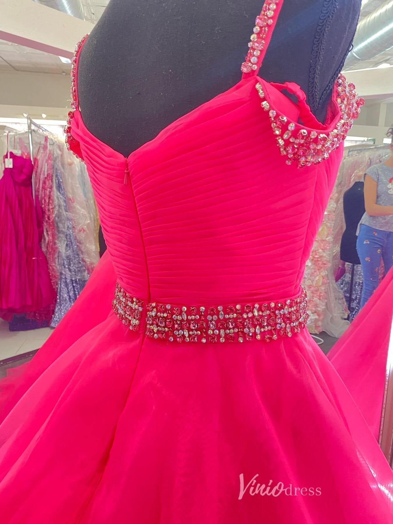 Hot Pink Organza Off the Shoulder Prom Dresses Pleated Bodice Beaded Belt FD4076 - Viniodressprom dressesHot PinkCustom Size - Formal Dresses - Ball Gowns