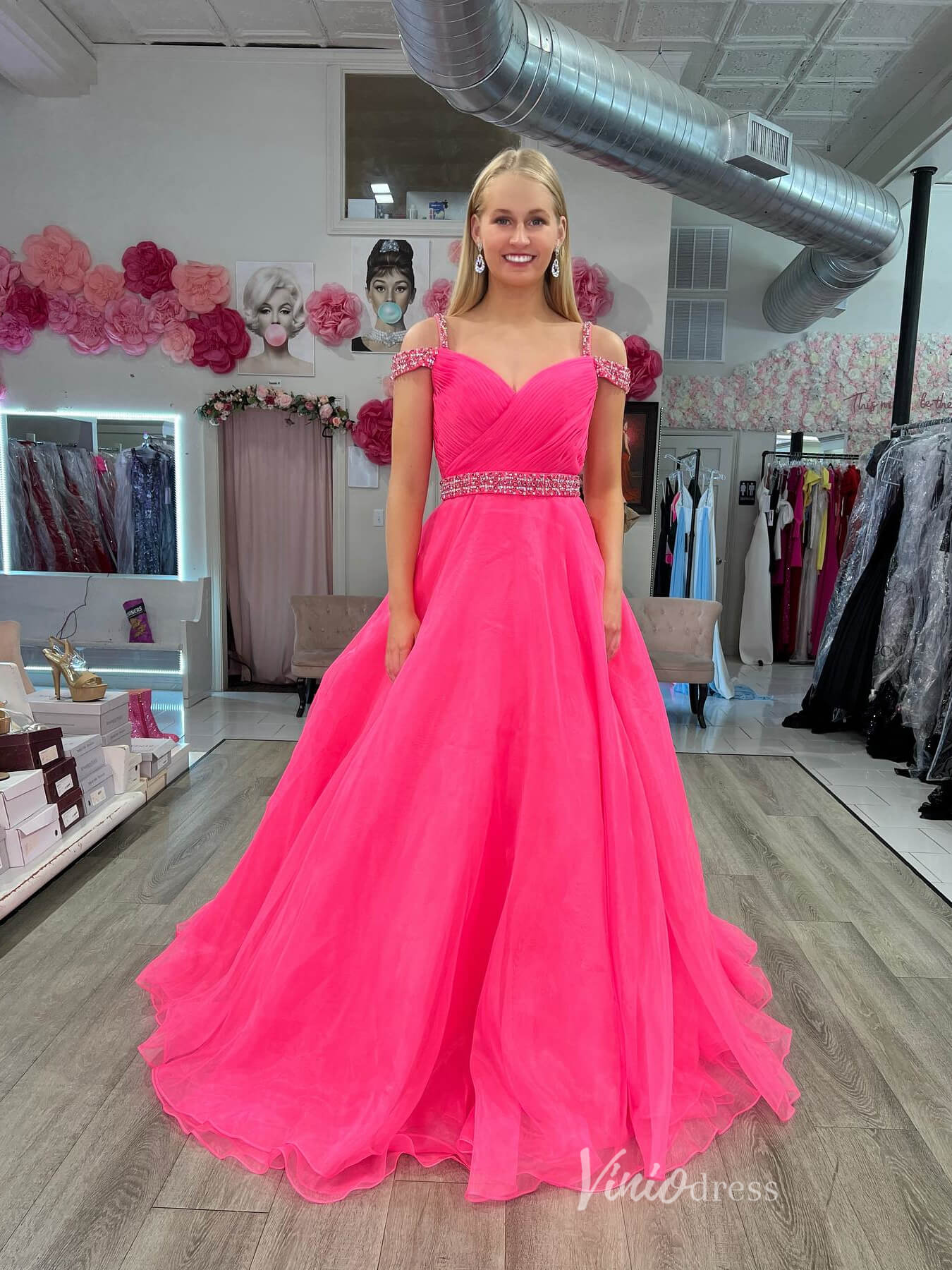 Hot Pink Organza Off the Shoulder Prom Dresses Pleated Bodice Beaded Belt FD4076 - Viniodressprom dressesHot PinkCustom Size - Formal Dresses - Ball Gowns