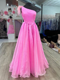 Prom Dress 2025 Hot Pink Organza Prom Dresses One Shoulder Pleated Bodice FD4020-unique prom dresses-Hot Pink-Custom Size-Viniodress