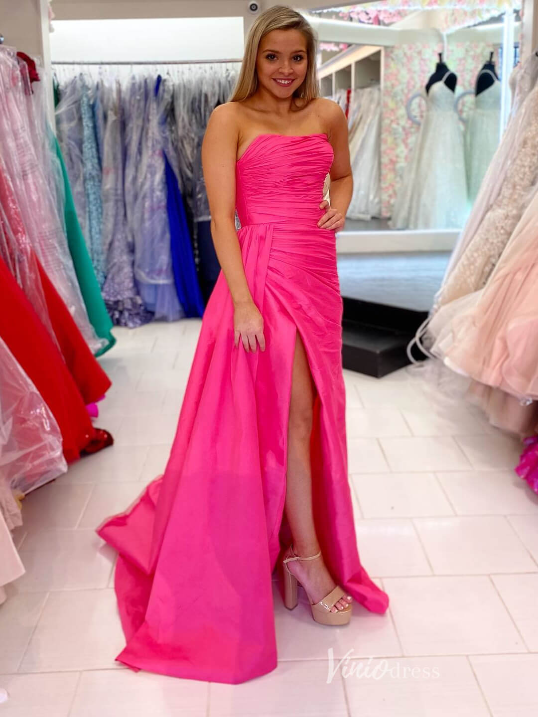 Hot Pink Pleated Satin Prom Dresses with Slit Mermaid Strapless Formal Gown FD2685 - Viniodressprom dressesHot PinkCustom Size - Formal Dresses - Ball Gowns