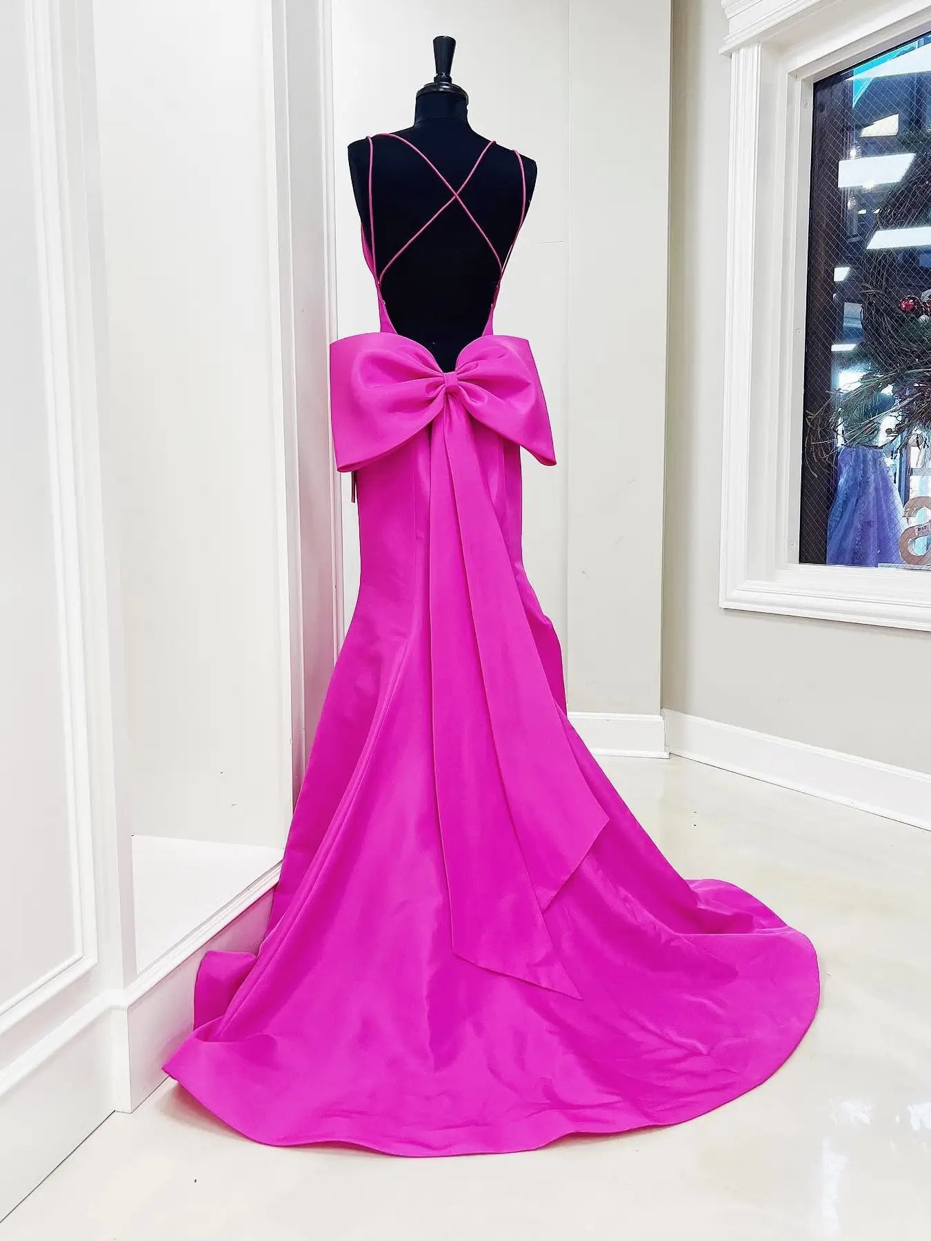 prom dresses 2025 Hot Pink Satin Prom Dress with Bow-Tie, Sweetheart Neckline & Spaghetti Strap – Style FD6058-plus size wedding dresses Viniodress-Hot Pink-Custom Size-