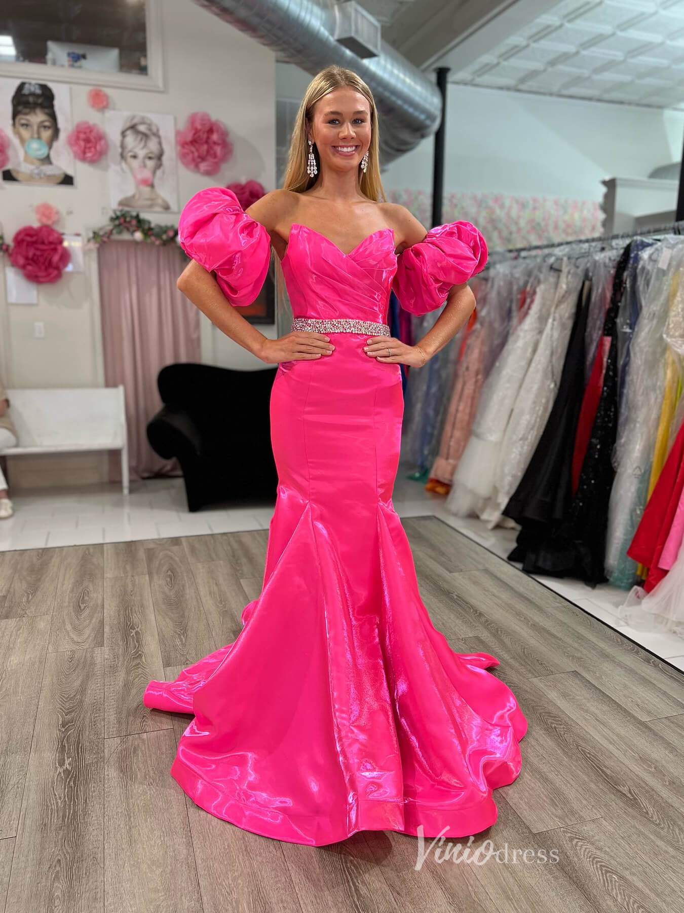 Hot Pink Shiny Satin Mermaid Prom Dresses Puffed Sleeve Pleated Bodice FD4038 - Viniodressprom dressesHot PinkCustom Size - Formal Dresses - Ball Gowns