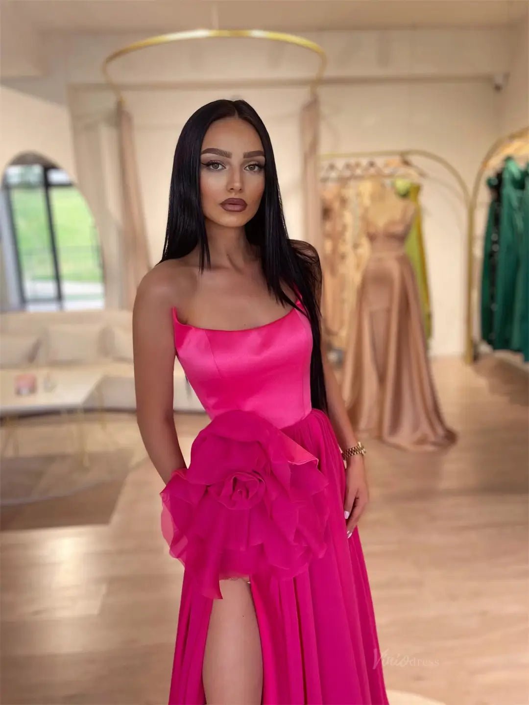 Hot Pink Strapless Chiffon Prom Dresses 2025 Formal Dress with High Slit & 3D Flower FD5228 - Viniodressprom dressesHot PinkCustom Size - Formal Dresses - Ball Gowns