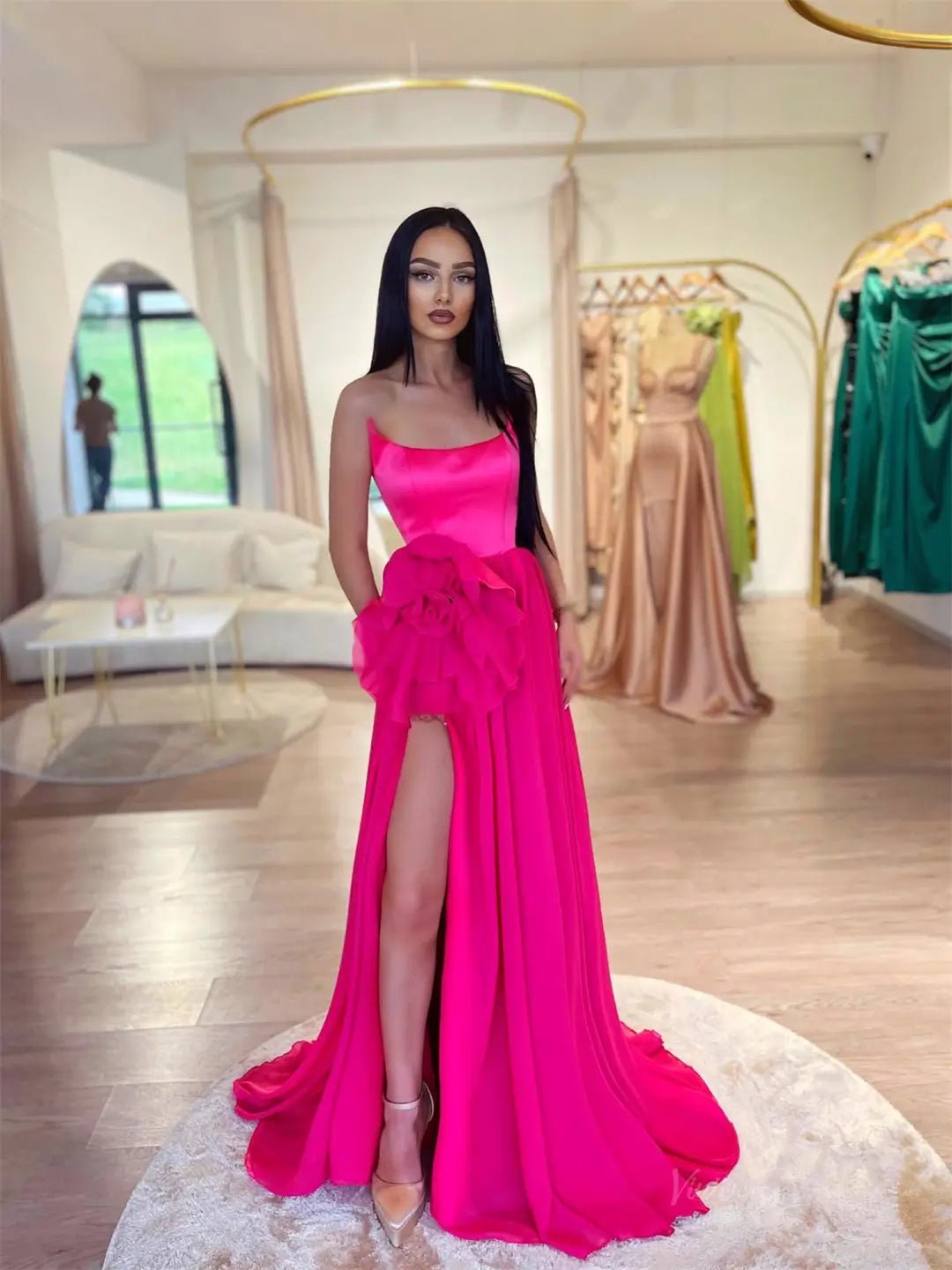 Hot Pink Strapless Chiffon Prom Dresses 2025 Formal Dress with High Slit & 3D Flower FD5228 - Viniodressprom dressesHot PinkCustom Size - Formal Dresses - Ball Gowns