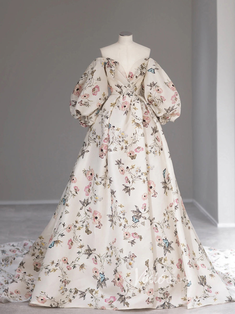 Prom Dress 2025 Ivory Floral Satin Prom Dresses Off the Shoulder Long Sleeve Evening Dress FD3224-unique prom dresses-Ivory-Custom Size-Viniodress