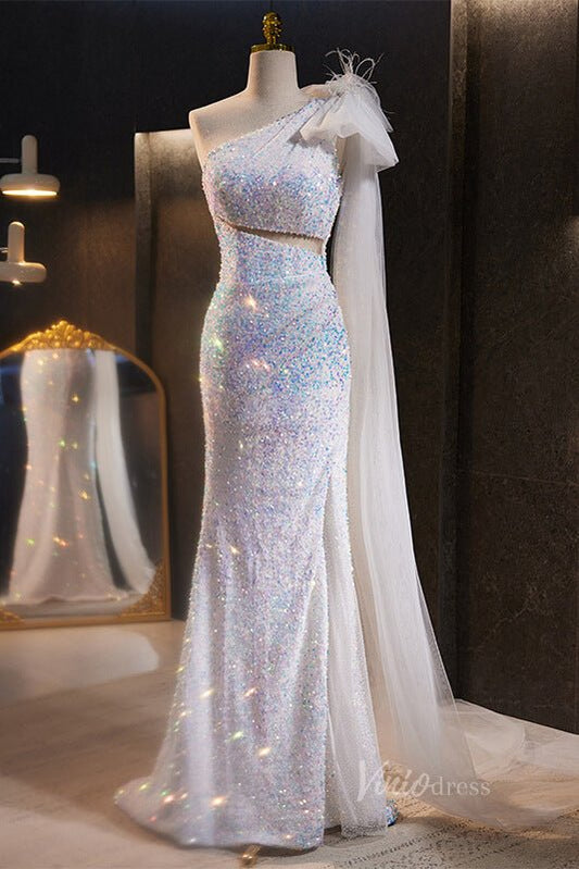 Ivory Sequin Mermaid One Shoulder Prom Dresses with Watteau Train 90056 - Viniodressprom dressesIvoryCustom Size - Formal Dresses - Ball Gowns