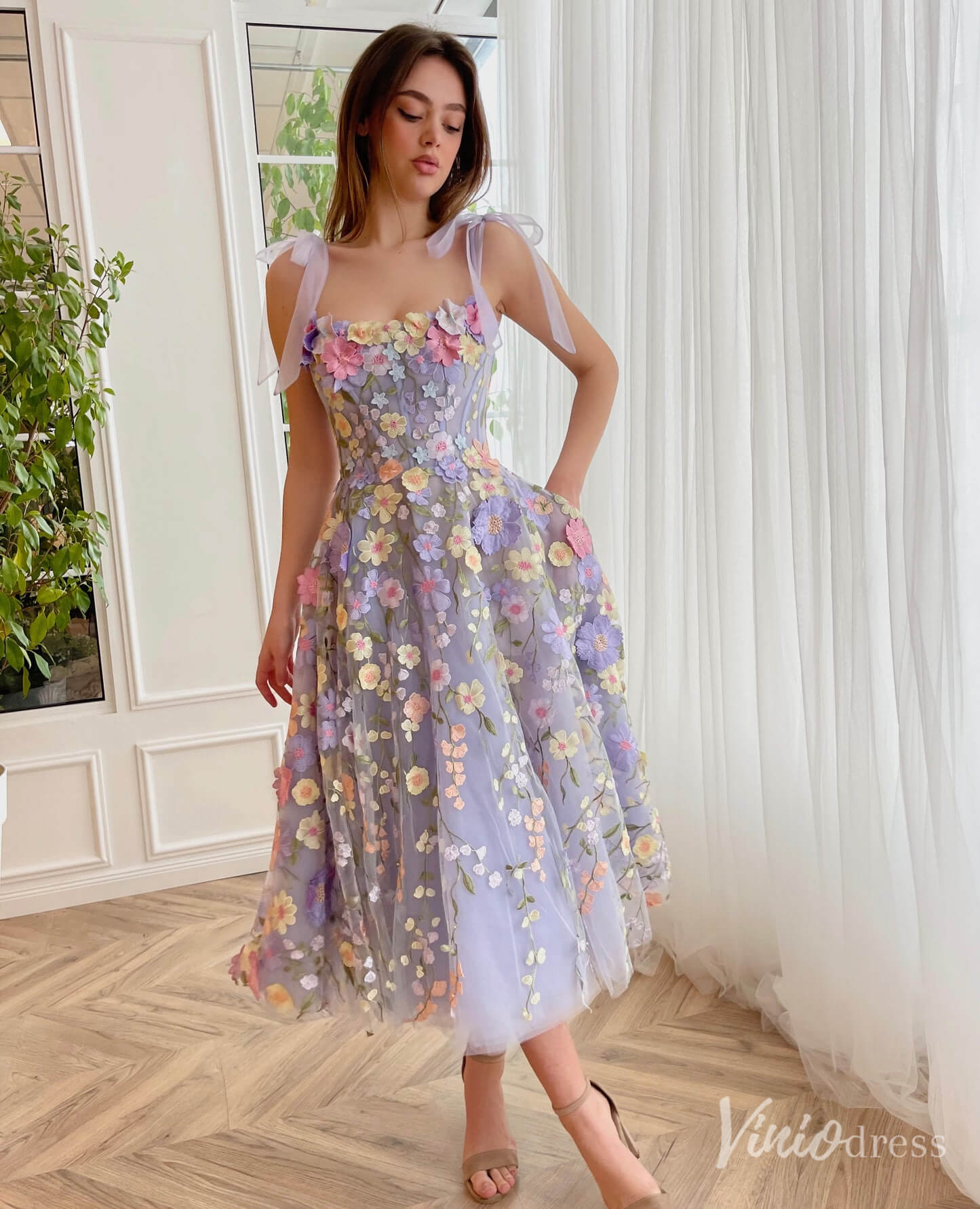 Lavender 3D Floral Lace Prom Dresses with Pockets Bow Strap Maxi Dress TO005 - Viniodressprom dressesLavenderCustom Size - Formal Dresses - Ball Gowns