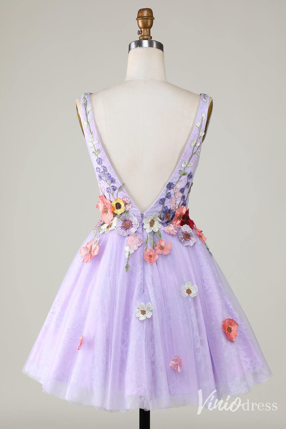 Lavender 3D Flower Homecoming Dresses V - Neck Lace Applique Back to School Dress S24058 - Viniodressprom dressesLavenderCustom Size - Formal Dresses - Ball Gowns