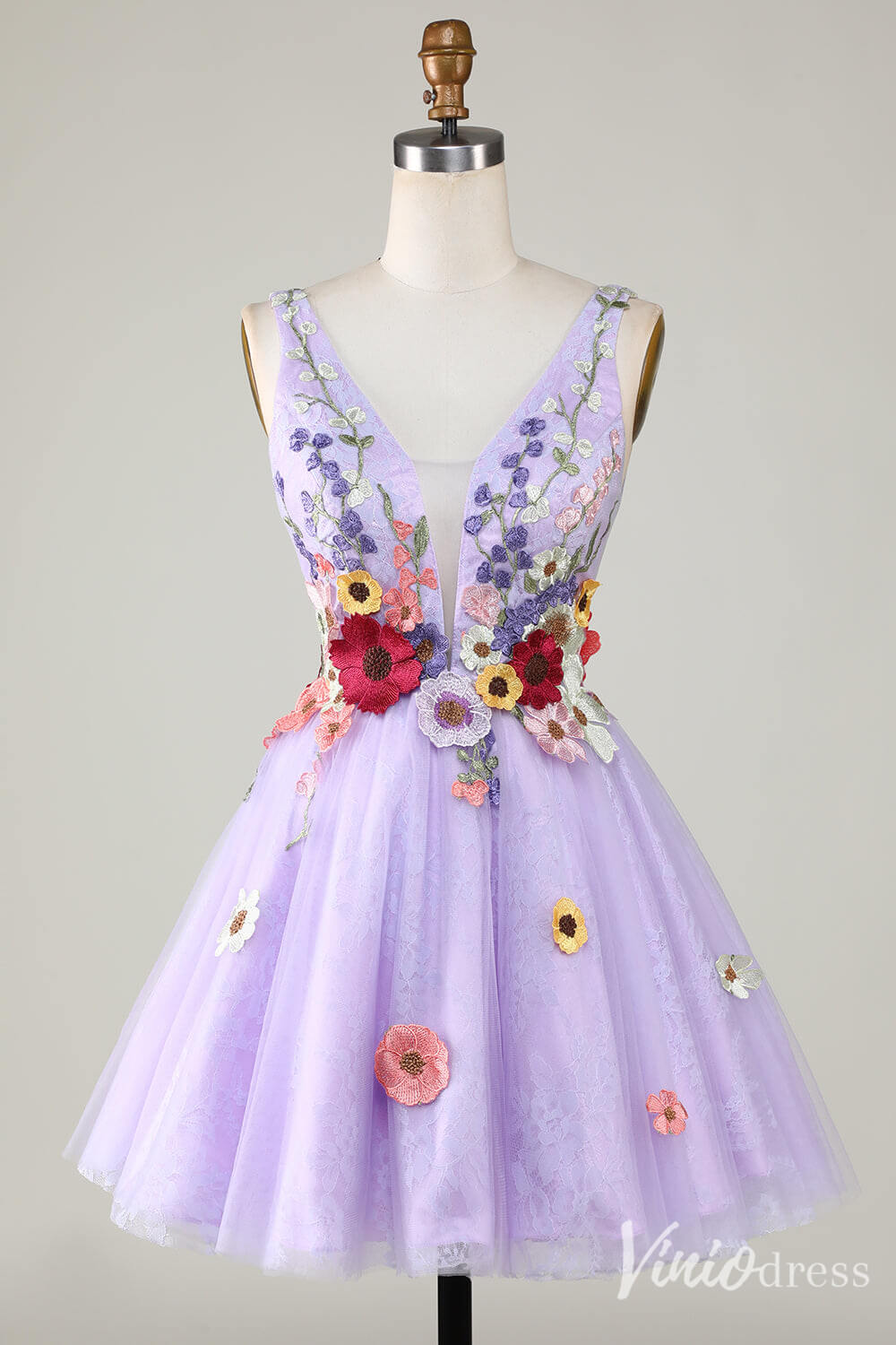 Lavender 3D Flower Homecoming Dresses V - Neck Lace Applique Back to School Dress S24058 - Viniodressprom dressesLavenderCustom Size - Formal Dresses - Ball Gowns