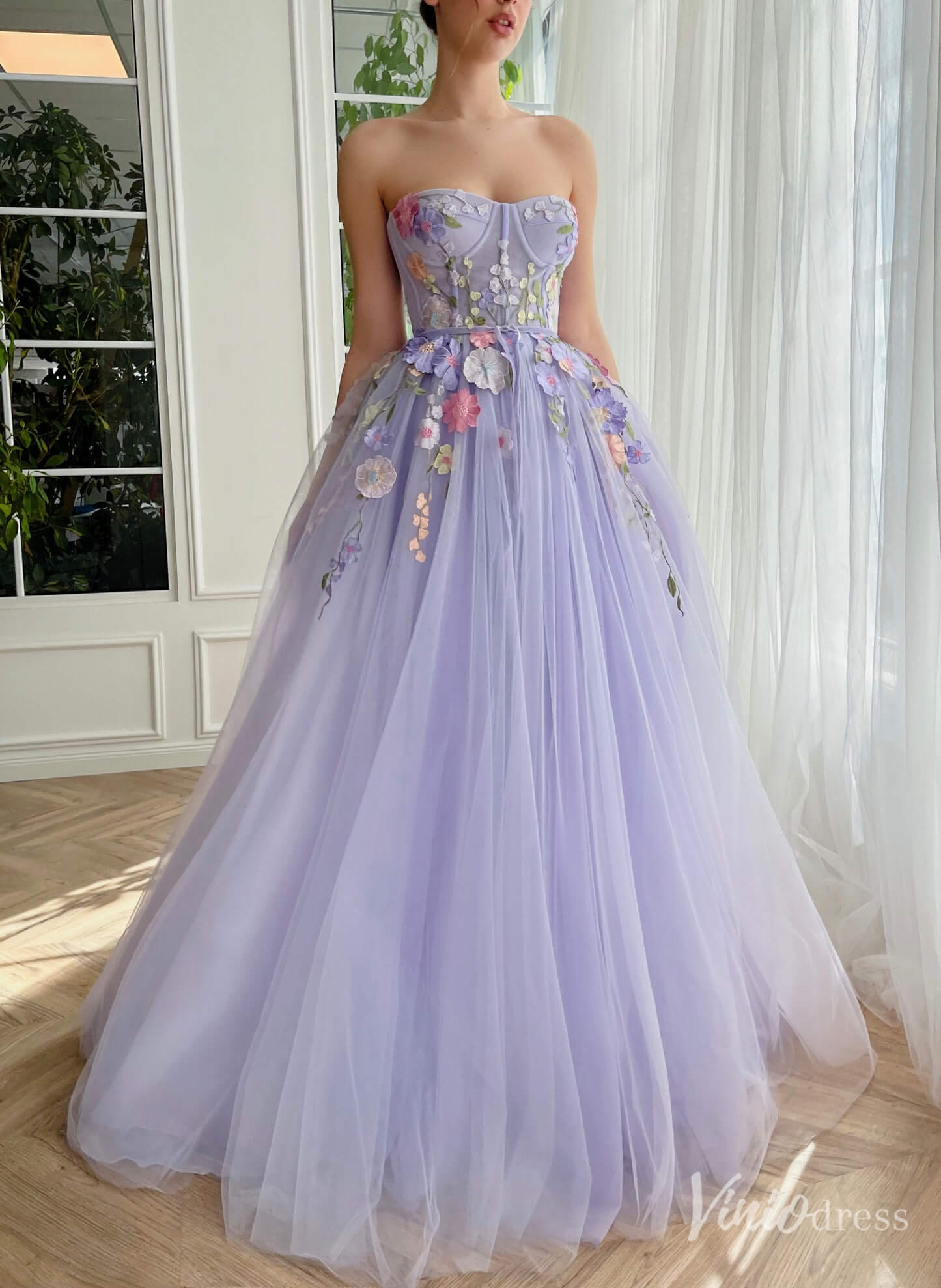 Lavender Floral Lace Prom Dresses Strapless Formal Dress TO010 - Viniodressprom dressesLavenderCustom Size - Formal Dresses - Ball Gowns