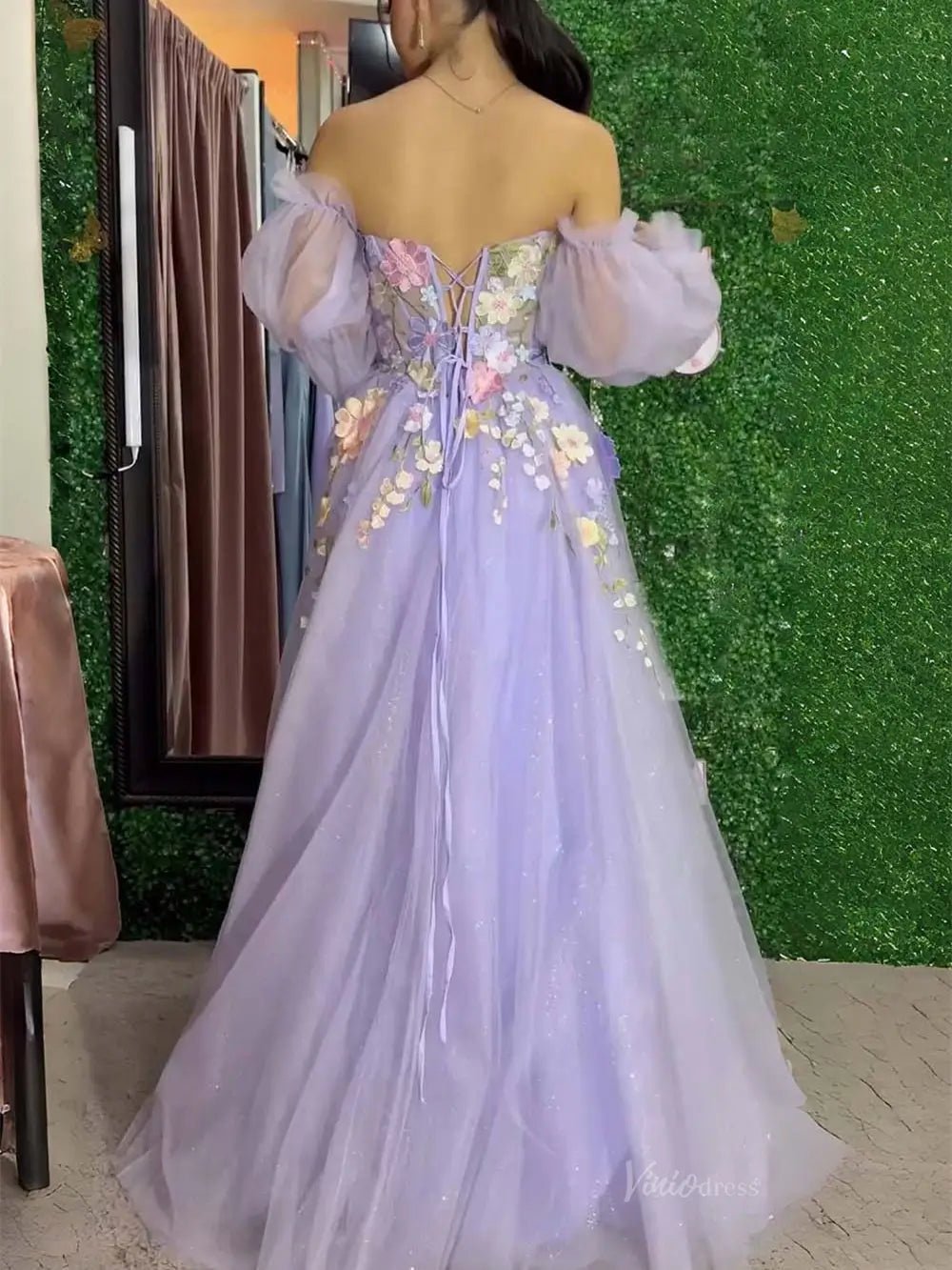 Lavender Floral Sparkly Tulle Prom Dresses 2025 Removable Long Sleeve Formal Gown with Slit - FD5321 - Viniodressprom dressesLavenderCustom Size - Formal Dresses - Ball Gowns