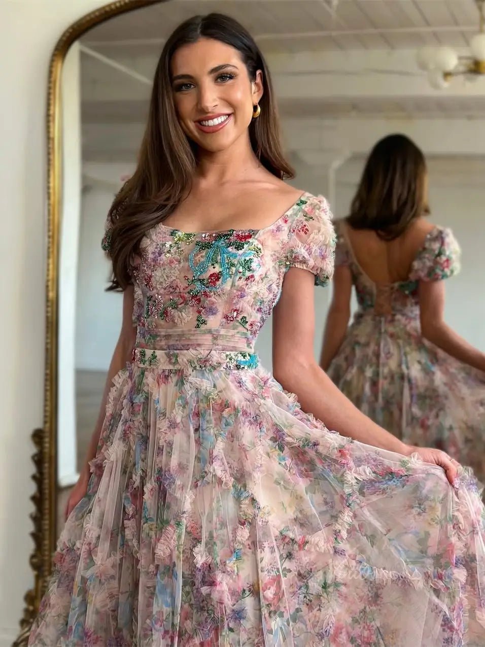 Lavender Floral Tulle Ruffled Prom Dresses 2025 Short Sleeve Square Neck Formal Gown - FD5306 - Viniodressprom dressesLavenderCustom Size - Formal Dresses - Ball Gowns