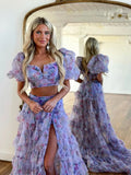 prom dresses 2025 Lavender Floral Tulle Two Piece Prom Dresses 2025 Puffed Sleeve Formal Gown with Slit - FD5305-plus size wedding dresses Viniodress-Lavender-Custom Size-