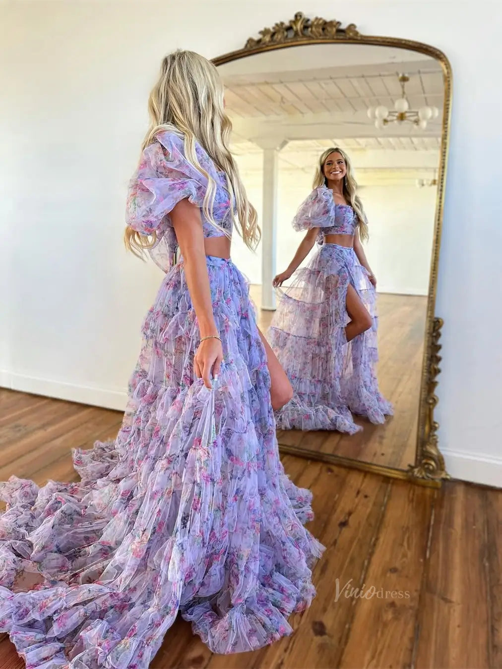 prom dresses 2025 Lavender Floral Tulle Two Piece Prom Dresses 2025 Puffed Sleeve Formal Gown with Slit - FD5305-plus size wedding dresses Viniodress-Lavender-Custom Size-