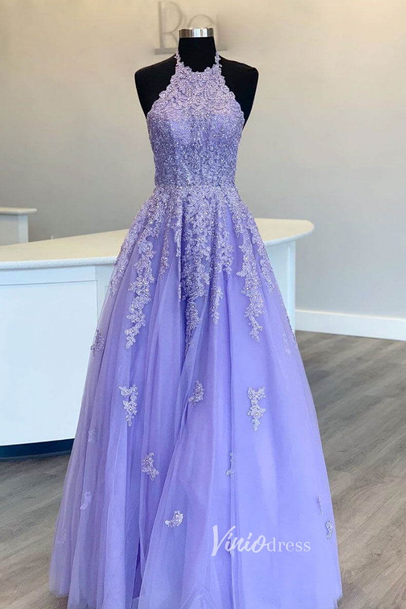 Prom Dress 2025 Lavender Lace Applique Prom Dresses Halter Neck Evening Dress FD3053-unique prom dresses-Lavender-Custom Size-Viniodress