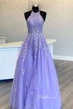 Prom Dress 2025 Lavender Lace Applique Prom Dresses Halter Neck Evening Dress FD3053-unique prom dresses-Lavender-Custom Size-Viniodress