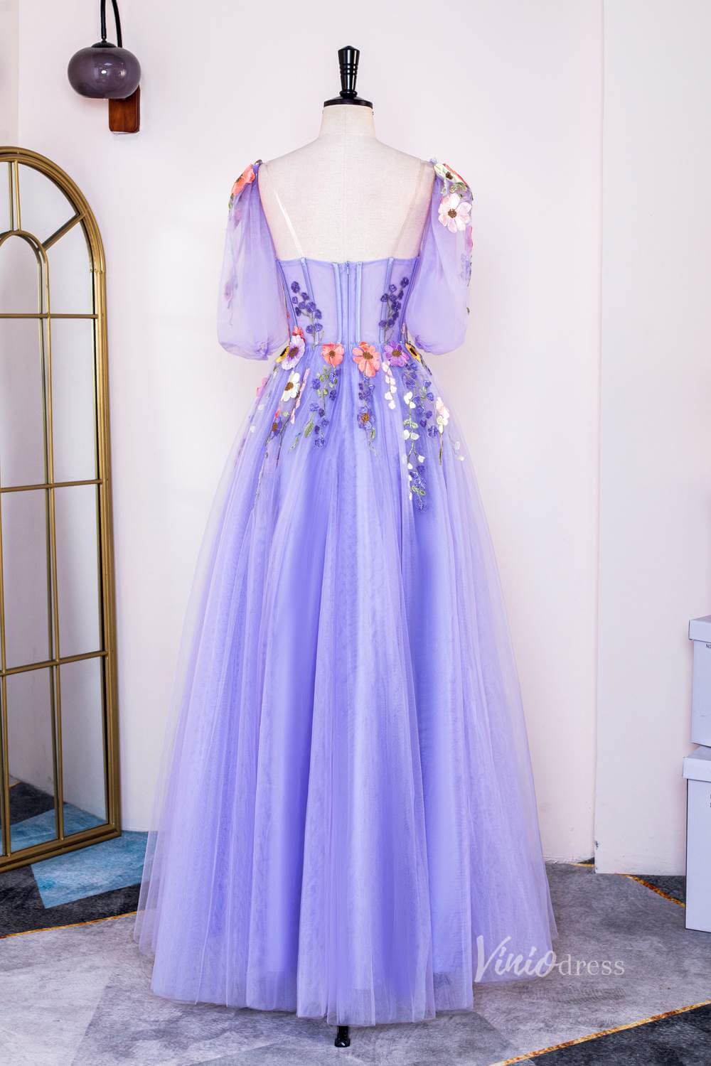 Prom Dress 2025 Lavender Lace Applique Prom Dresses Sheer Boned Bodice Half Sleeve FD4011-unique prom dresses-Lavender-Custom Size-Viniodress