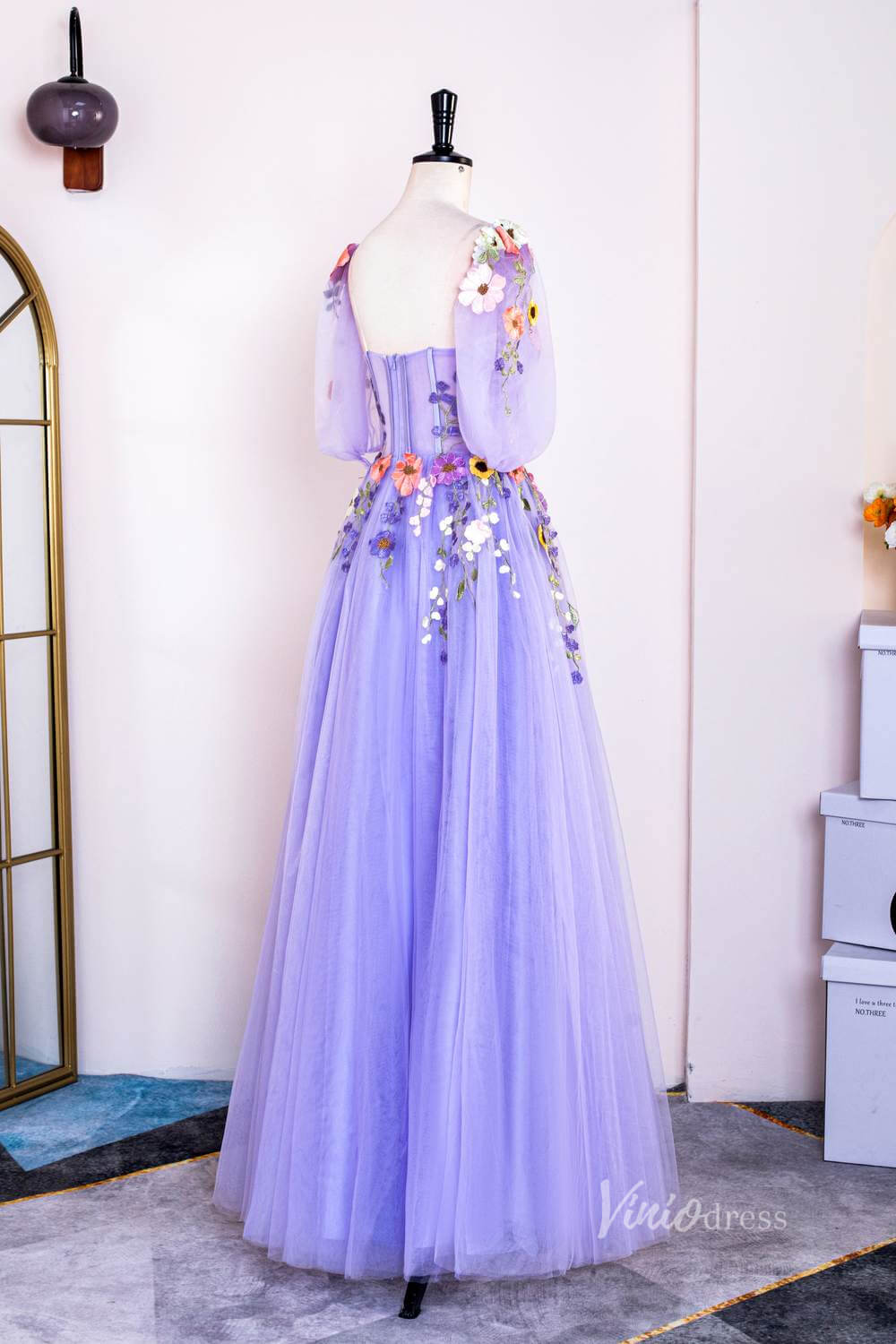 Prom Dress 2025 Lavender Lace Applique Prom Dresses Sheer Boned Bodice Half Sleeve FD4011-unique prom dresses-Lavender-Custom Size-Viniodress