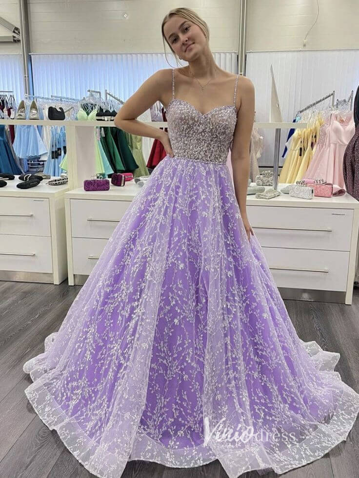 Prom Dress 2025 Lavender Lace Appliqued Prom Dresses Spaghetti Strap Formal Gown FD3323-unique prom dresses-Lavender-Custom Size-Viniodress