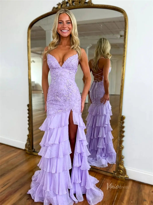 Lavender Lace Sheath Prom Dress with Spaghetti Straps, Tiered Bottom & V - Neck - FD5078B - Viniodressprom dressesLavenderCustom Size - Formal Dresses - Ball Gowns