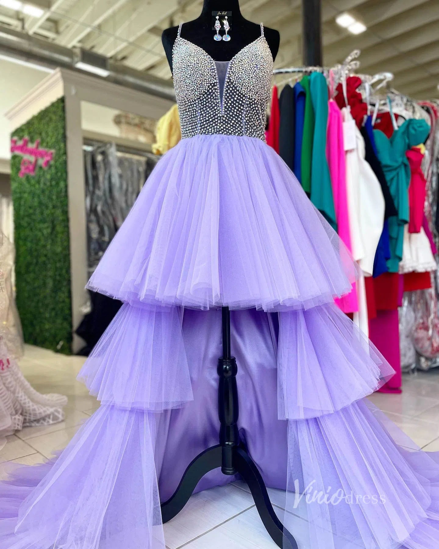 Prom Dress 2025 Lavender Prom Dresses 2024 Beaded Spaghetti Strap High-Low Ruffle Gowns FD3195-unique prom dresses-Lavender-Custom Size-Viniodress