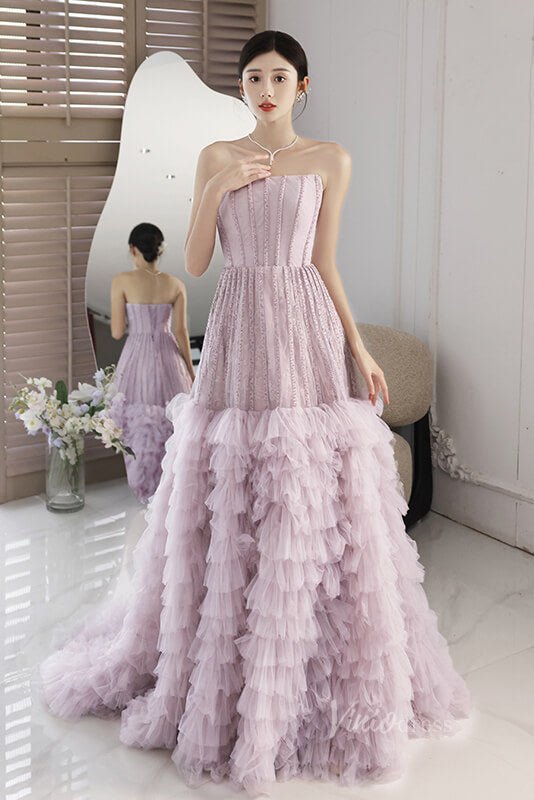 Lavender Ruffled Prom Dresses Strapless Beaded Evening Dress AD1061 - Viniodressprom dressesLavenderCustom Size - Formal Dresses - Ball Gowns