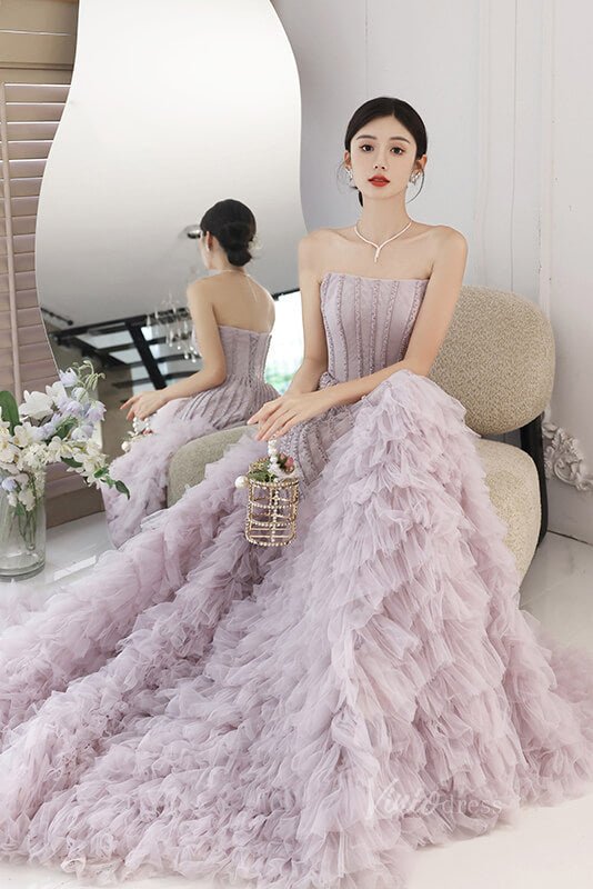 Lavender Ruffled Prom Dresses Strapless Beaded Evening Dress AD1061 - Viniodressprom dressesLavenderCustom Size - Formal Dresses - Ball Gowns