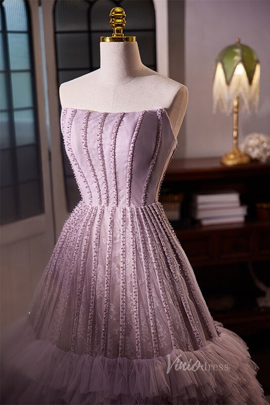 Lavender Ruffled Prom Dresses Strapless Beaded Evening Dress AD1061 - Viniodressprom dressesLavenderCustom Size - Formal Dresses - Ball Gowns