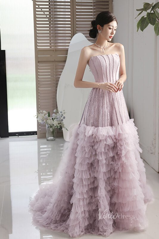 Lavender Ruffled Prom Dresses Strapless Beaded Evening Dress AD1061 - Viniodressprom dressesLavenderCustom Size - Formal Dresses - Ball Gowns