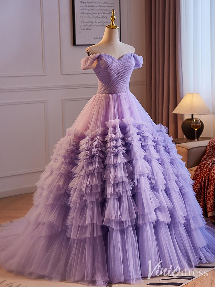 Lavender Ruffled Tiered Prom Dresses Off the Shoulder Quinceanera Dress 90067 - Viniodressprom dressesLavenderCustom Size - Formal Dresses - Ball Gowns