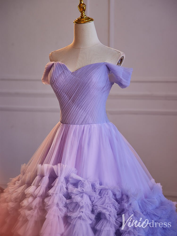 Lavender Ruffled Tiered Prom Dresses Off the Shoulder Quinceanera Dress 90067 - Viniodressprom dressesLavenderCustom Size - Formal Dresses - Ball Gowns