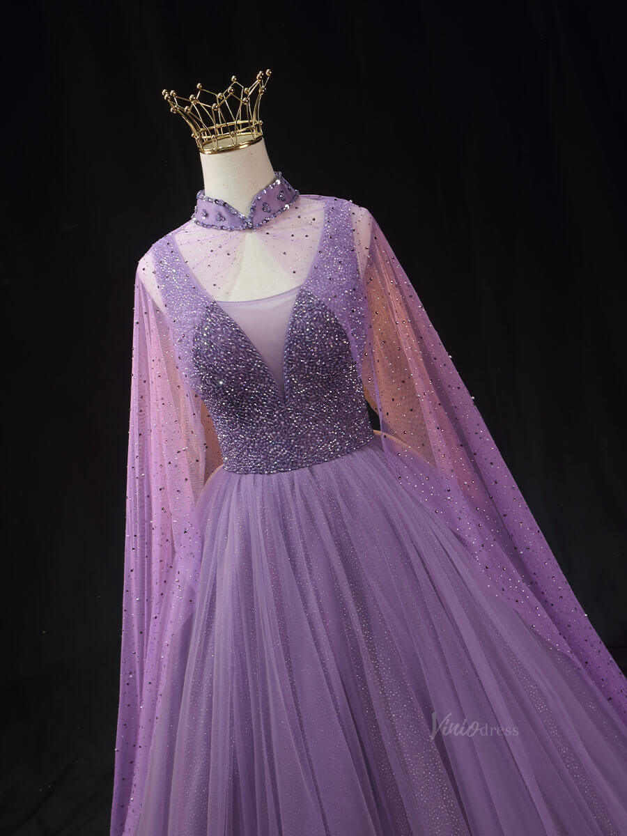 Lavender Sparkly Tulle Prom Dresses with Cape Sleeve, Beaded Bodice, High Neck, Quinceanera Dresses SU020 - Viniodressprom dressesLavenderCustom Size - Formal Dresses - Ball Gowns