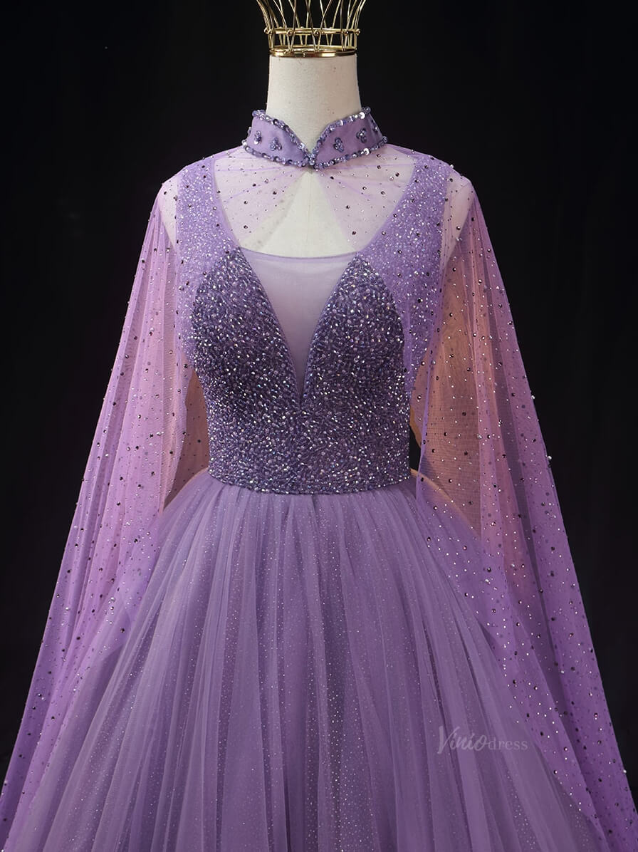 Lavender Sparkly Tulle Prom Dresses with Cape Sleeve, Beaded Bodice, High Neck, Quinceanera Dresses SU020 - Viniodressprom dressesLavenderCustom Size - Formal Dresses - Ball Gowns