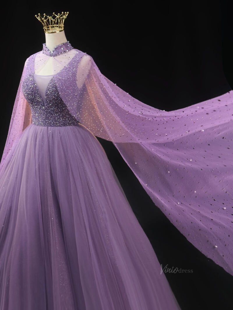 Lavender Sparkly Tulle Prom Dresses with Cape Sleeve, Beaded Bodice, High Neck, Quinceanera Dresses SU020 - Viniodressprom dressesLavenderCustom Size - Formal Dresses - Ball Gowns