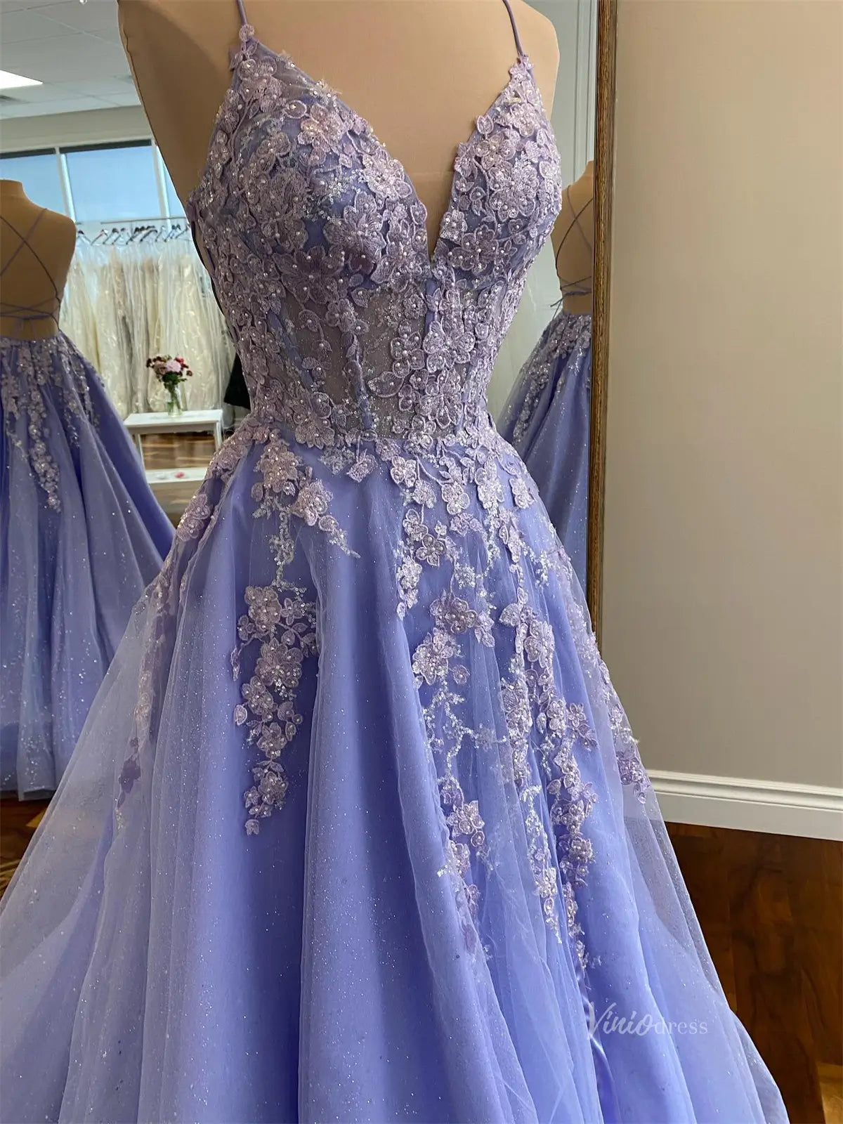 prom dresses 2025 Lavender Sparkly Tulle Prom Dresses with Spaghetti Straps & V-Neck - FD5173-plus size wedding dresses Viniodress-Lavender-Custom Size-