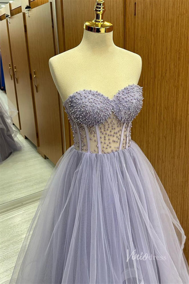 Lavender Strapless Beaded Sheer Prom Dresses Ruffled Tulle Formal Gown FD3986 - Viniodressprom dressesLavenderCustom Size - Formal Dresses - Ball Gowns