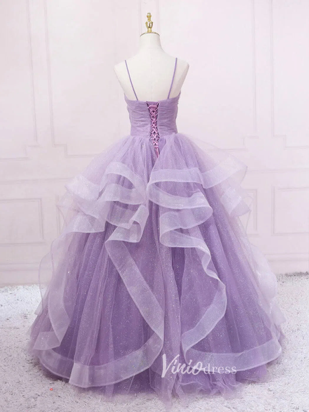 Prom Dress 2025 Lavender Tiered Spaghetti Strap Prom Dresses Sparkly Tulle Evening Dress FD3121-unique prom dresses-Lavender-Custom Size-Viniodress