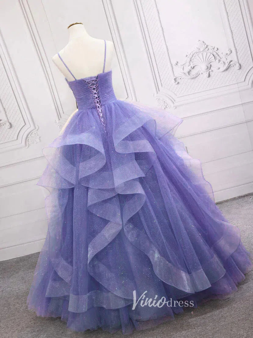 Prom Dress 2025 Lavender Tiered Spaghetti Strap Prom Dresses Sparkly Tulle Evening Dress FD3121-unique prom dresses-Lavender-Custom Size-Viniodress