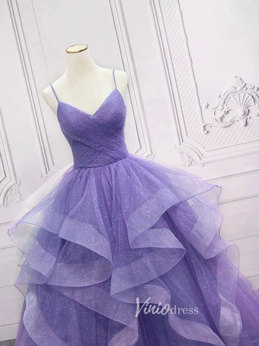 Prom Dress 2025 Lavender Tiered Spaghetti Strap Prom Dresses Sparkly Tulle Evening Dress FD3121-unique prom dresses-Lavender-Custom Size-Viniodress