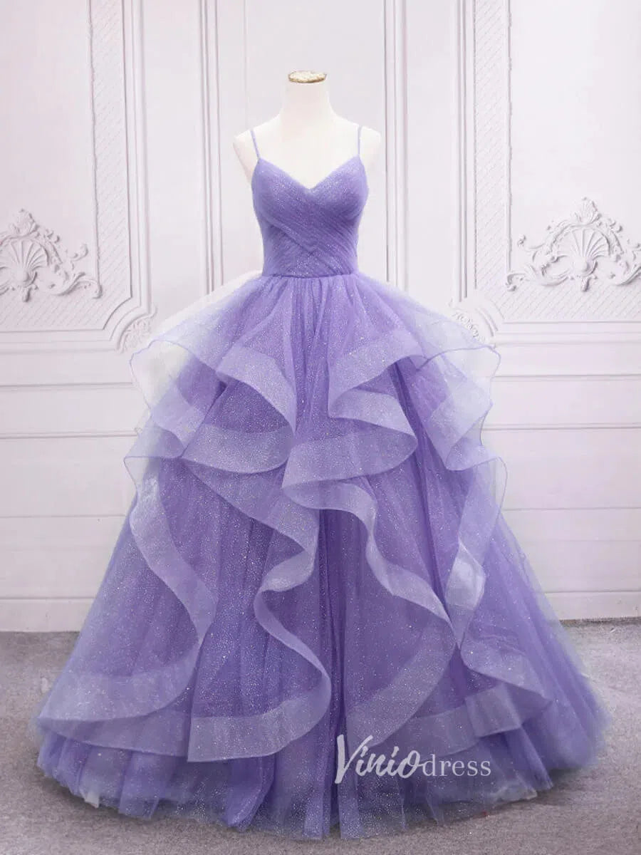 Prom Dress 2025 Lavender Tiered Spaghetti Strap Prom Dresses Sparkly Tulle Evening Dress FD3121-unique prom dresses-Lavender-Custom Size-Viniodress