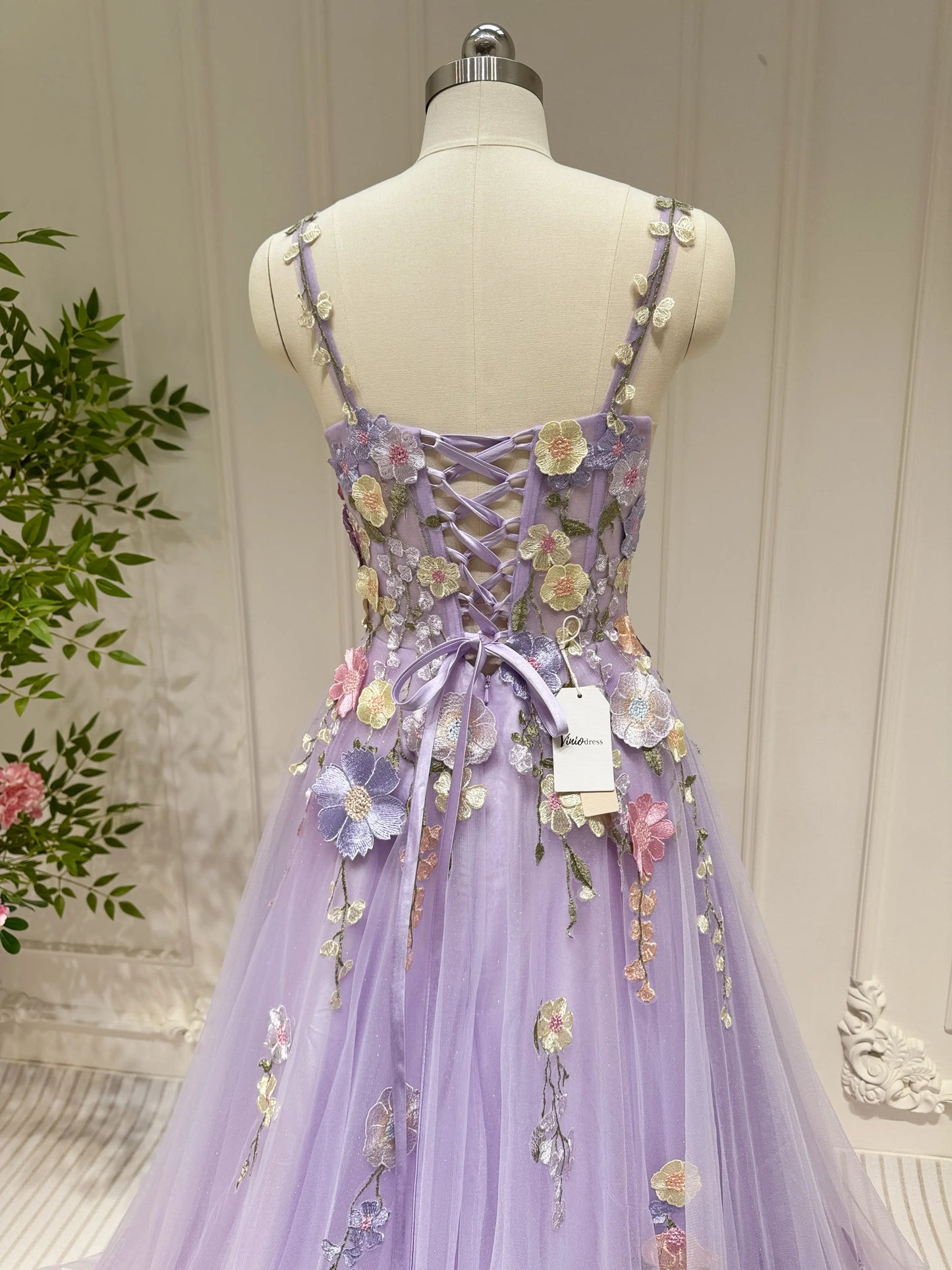 Lavender Tulle Prom Dress 2025 A-Line Floral Formal Gown with 3D Flowers & Pockets- FD3807