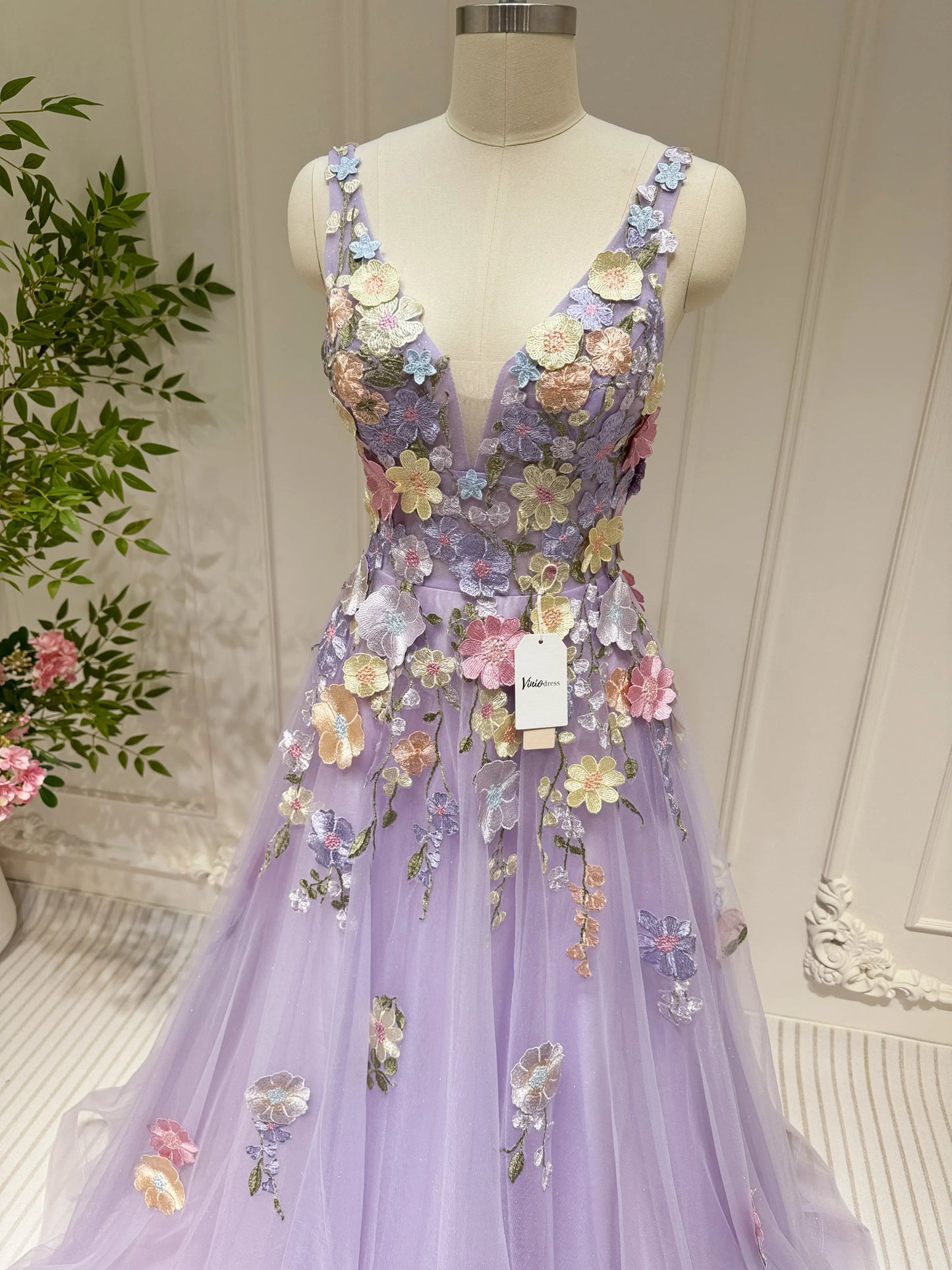 Lavender Tulle Prom Dress 2025 A-Line Floral Formal Gown with 3D Flowers & Pockets- FD3807