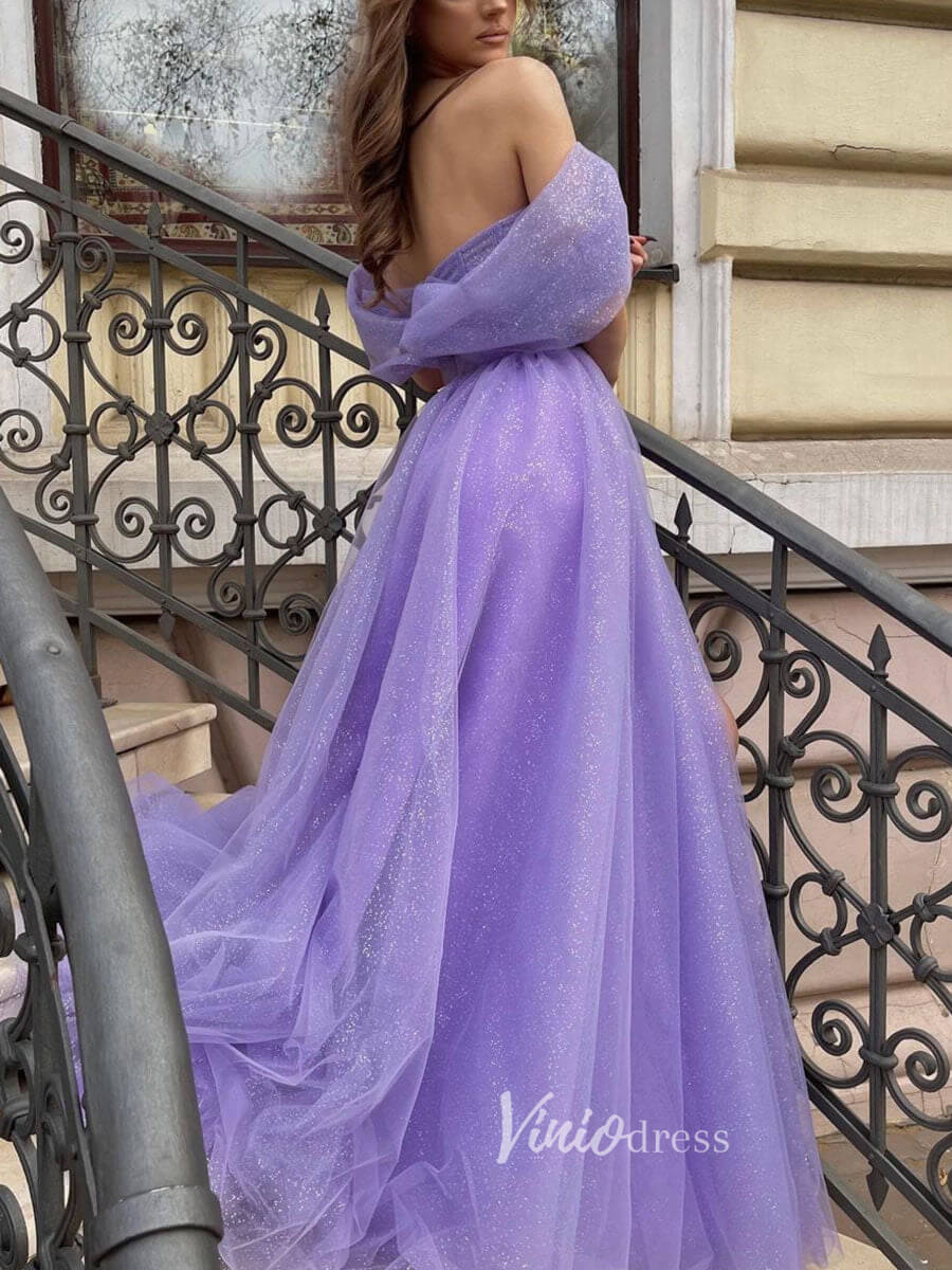 Prom Dress 2025 Lavender Tulle Prom Dresses With Slit Off the Shoulder Formal Gown FD3178-unique prom dresses-Lavender-Custom Size-Viniodress