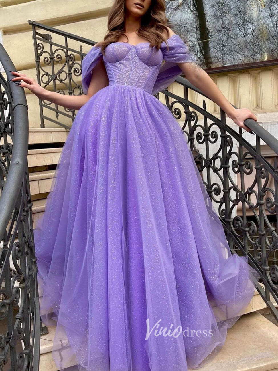 Prom Dress 2025 Lavender Tulle Prom Dresses With Slit Off the Shoulder Formal Gown FD3178-unique prom dresses-Lavender-Custom Size-Viniodress