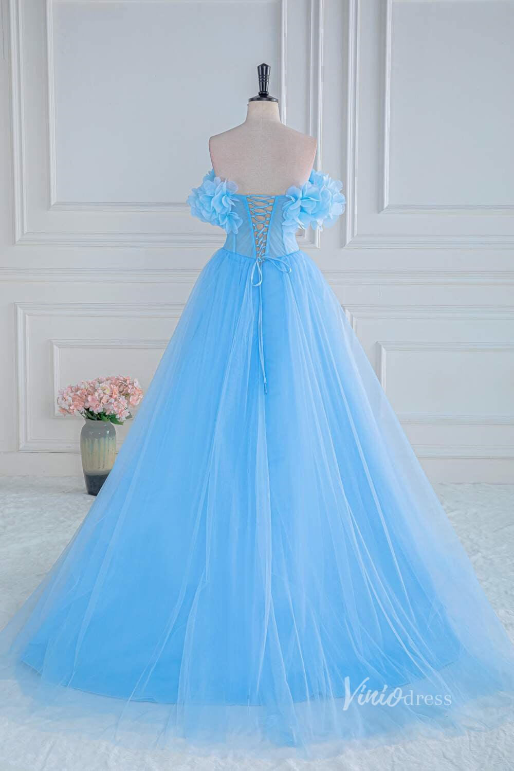 Light Blue 3D Flower Neckline Prom Dresses with Slit Sheer Boned Bodice FD4010 - Viniodressprom dressesLight BlueCustom Size - Formal Dresses - Ball Gowns