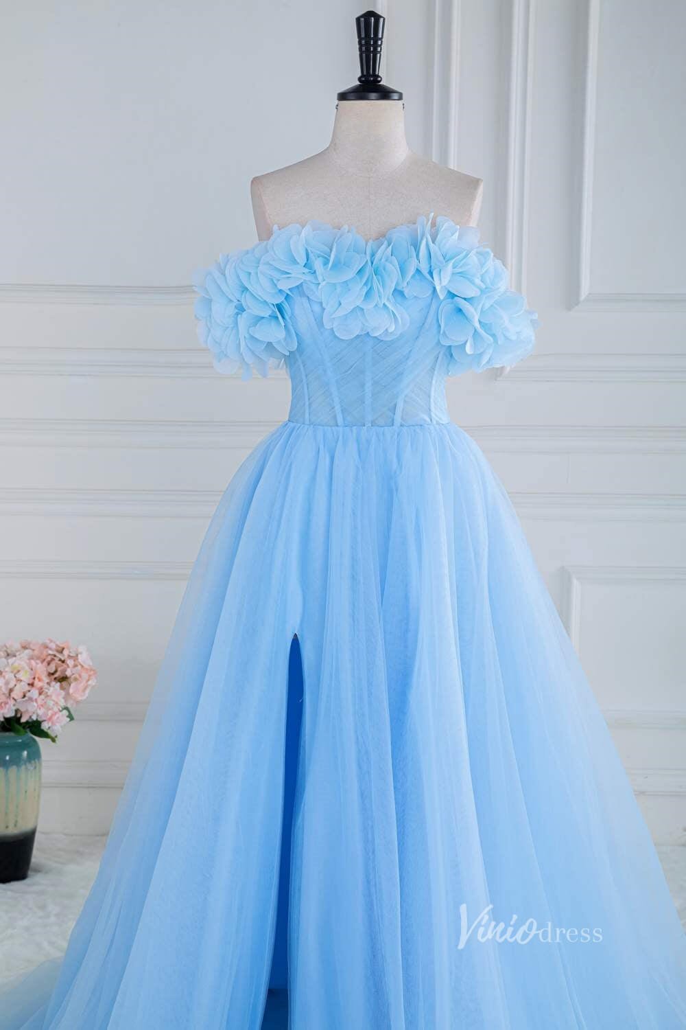 Light Blue 3D Flower Neckline Prom Dresses with Slit Sheer Boned Bodice FD4010 - Viniodressprom dressesLight BlueCustom Size - Formal Dresses - Ball Gowns