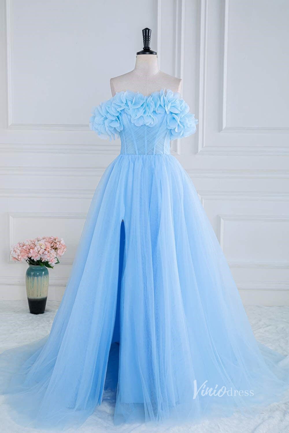 Light Blue 3D Flower Neckline Prom Dresses with Slit Sheer Boned Bodice FD4010 - Viniodressprom dressesLight BlueCustom Size - Formal Dresses - Ball Gowns